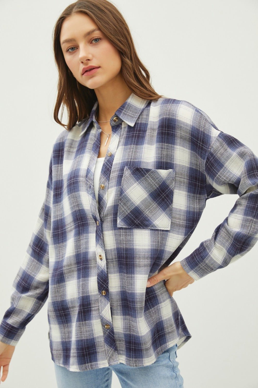 Be Cool Plaid Flannel Button Down Shirt with Chest Pocket - Top - Blue - Bella Bourget