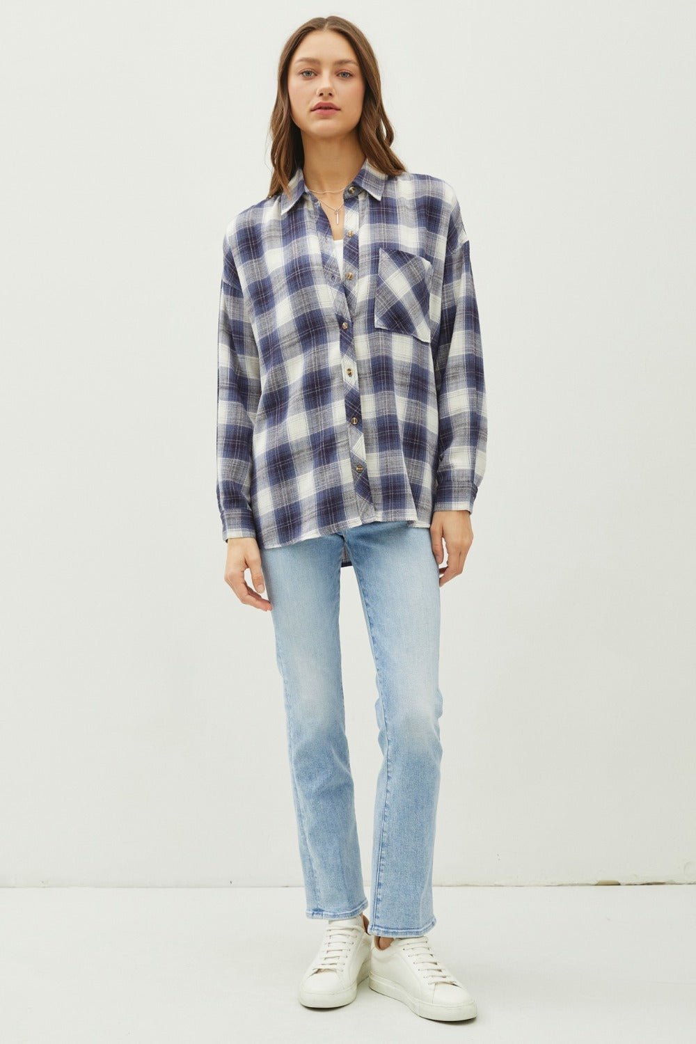 Be Cool Plaid Flannel Button Down Shirt with Chest Pocket - Top - Blue - Bella Bourget