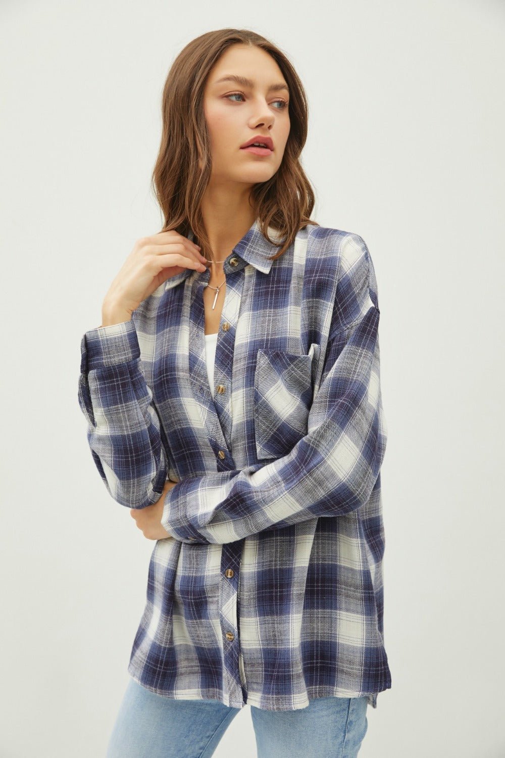 Be Cool Plaid Flannel Button Down Shirt with Chest Pocket - Top - Blue - Bella Bourget