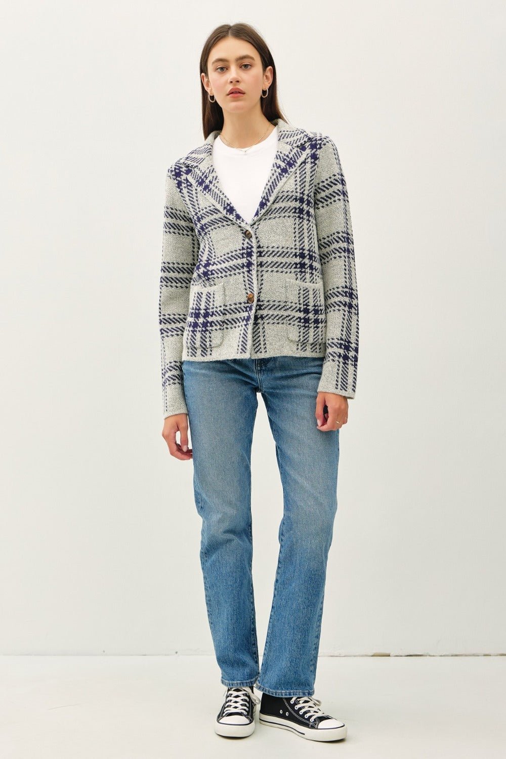 Be Cool Plaid Long Sleeve Sweater Jacket with Front Patch Pockets - Jacket - Navy - Bella Bourget