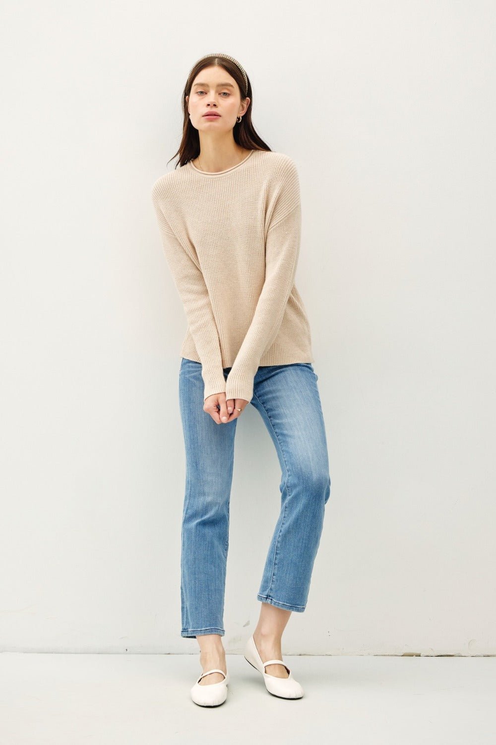 Be Cool Round Neck Long Sleeve Sweater - Top - Oatmeal - Bella Bourget