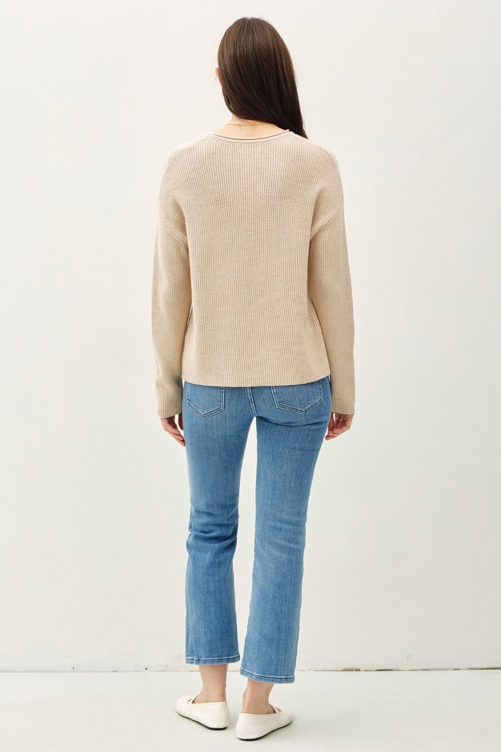 Be Cool Round Neck Long Sleeve Sweater - Top - Oatmeal - Bella Bourget