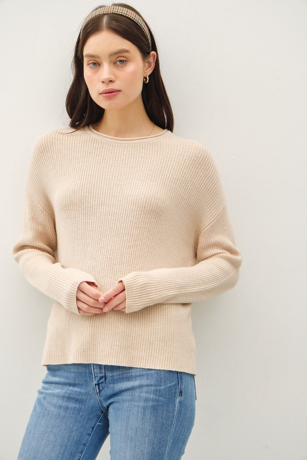 Be Cool Round Neck Long Sleeve Sweater - Top - Oatmeal - Bella Bourget