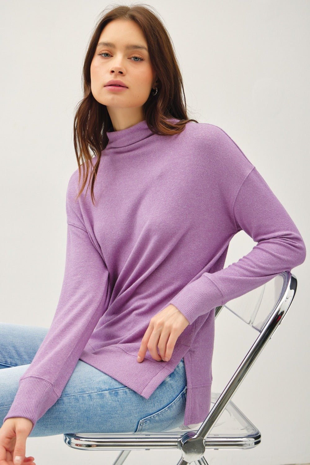 Be Cool Side Slit Mock Neck Long Sleeve Tunic Top - Top - Grape - Bella Bourget