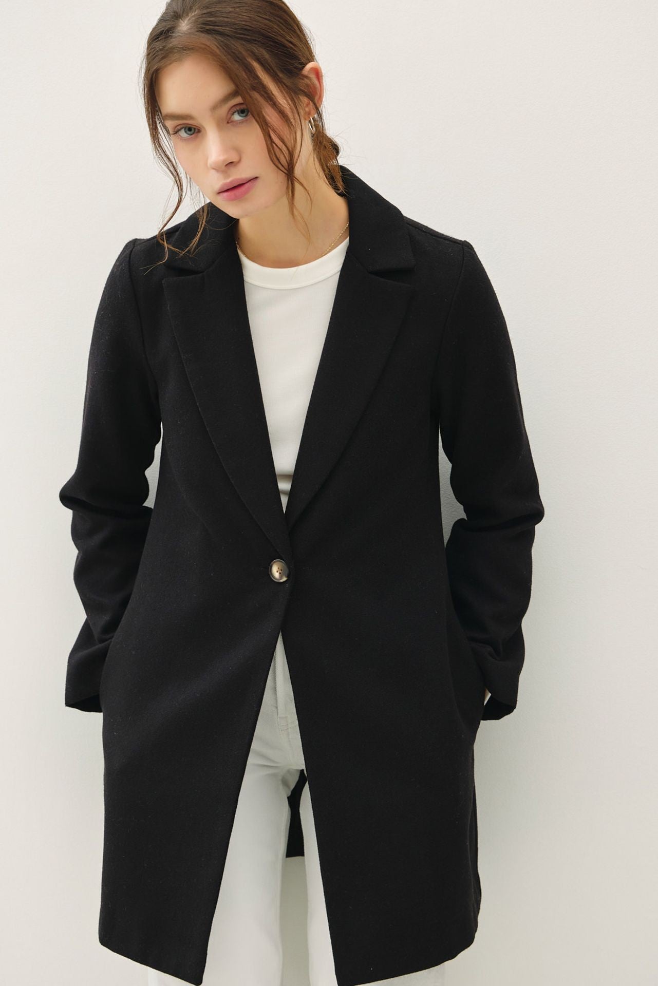 Be Cool Single Button Long Sleeve Coat with Pockets - Jacket - Black - Bella Bourget