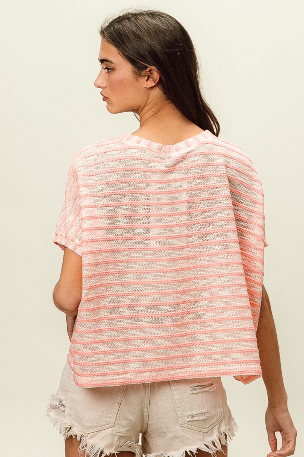 BiBi Braid Striped Short Sleeve Round Neck T - Shirt - Top - Pink - Bella Bourget