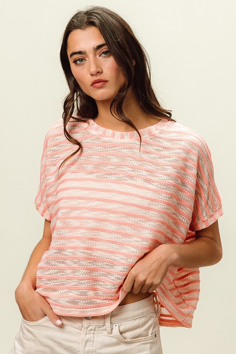 BiBi Braid Striped Short Sleeve Round Neck T - Shirt - Top - Pink - Bella Bourget