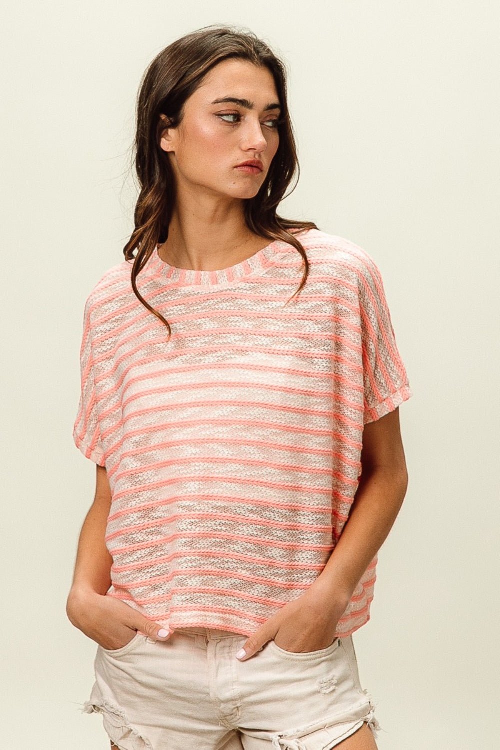 BiBi Braid Striped Short Sleeve Round Neck T - Shirt - Top - Pink - Bella Bourget