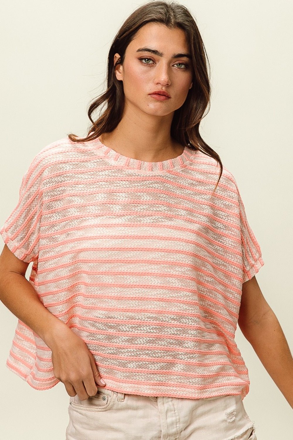 BiBi Braid Striped Short Sleeve Round Neck T - Shirt - Top - Pink - Bella Bourget