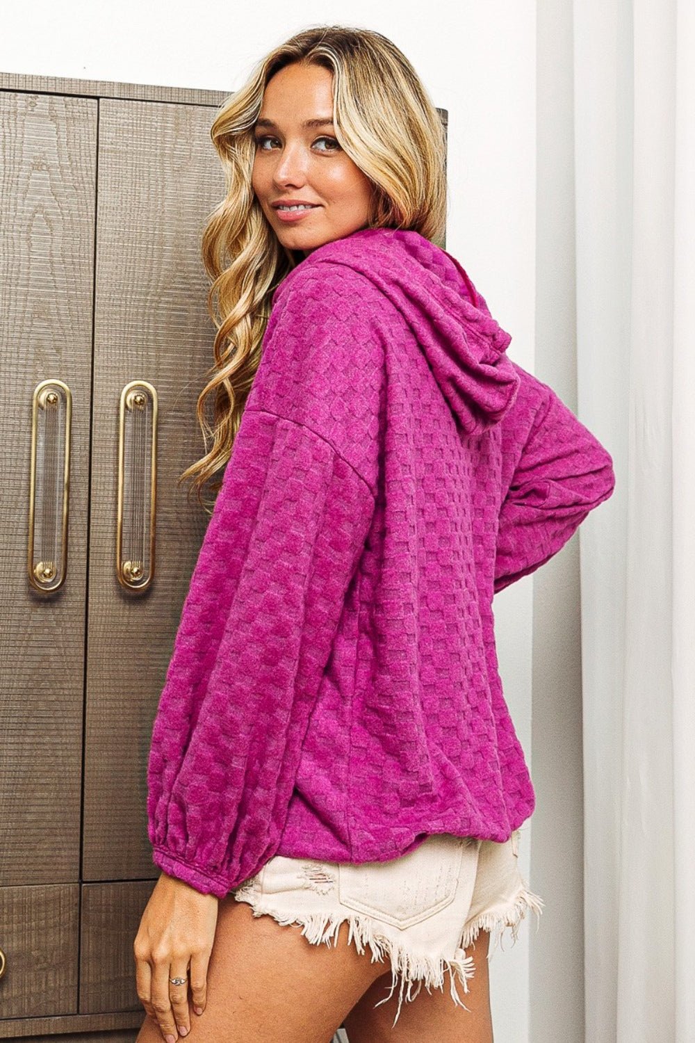 BiBi Brushed Checker Drawstring Long Sleeve Hoodie - Hoodie - MAGENTA - Bella Bourget