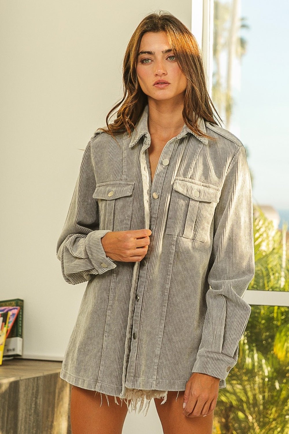 BiBi Button Up Corduroy Shacket - Top - Grey - Bella Bourget