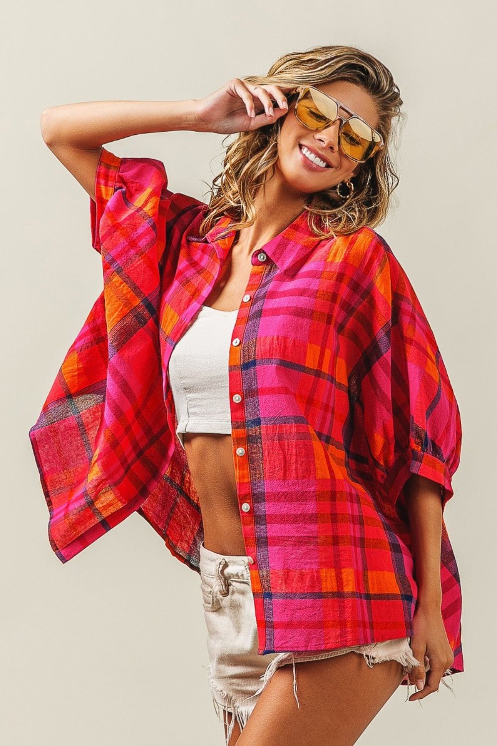 BiBi Button Up Dolman Sleeve Plaid Shirt - Top - Fuchsia Multi - Bella Bourget