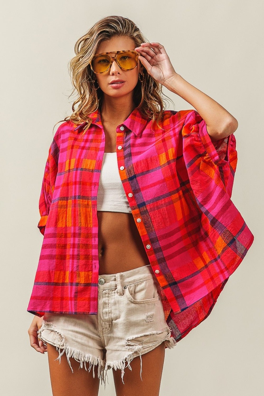 BiBi Button Up Dolman Sleeve Plaid Shirt - Top - Fuchsia Multi - Bella Bourget