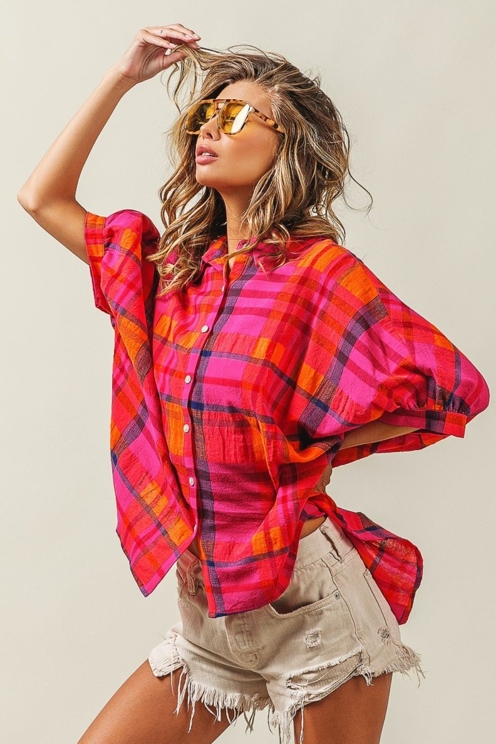 BiBi Button Up Dolman Sleeve Plaid Shirt - Top - Fuchsia Multi - Bella Bourget