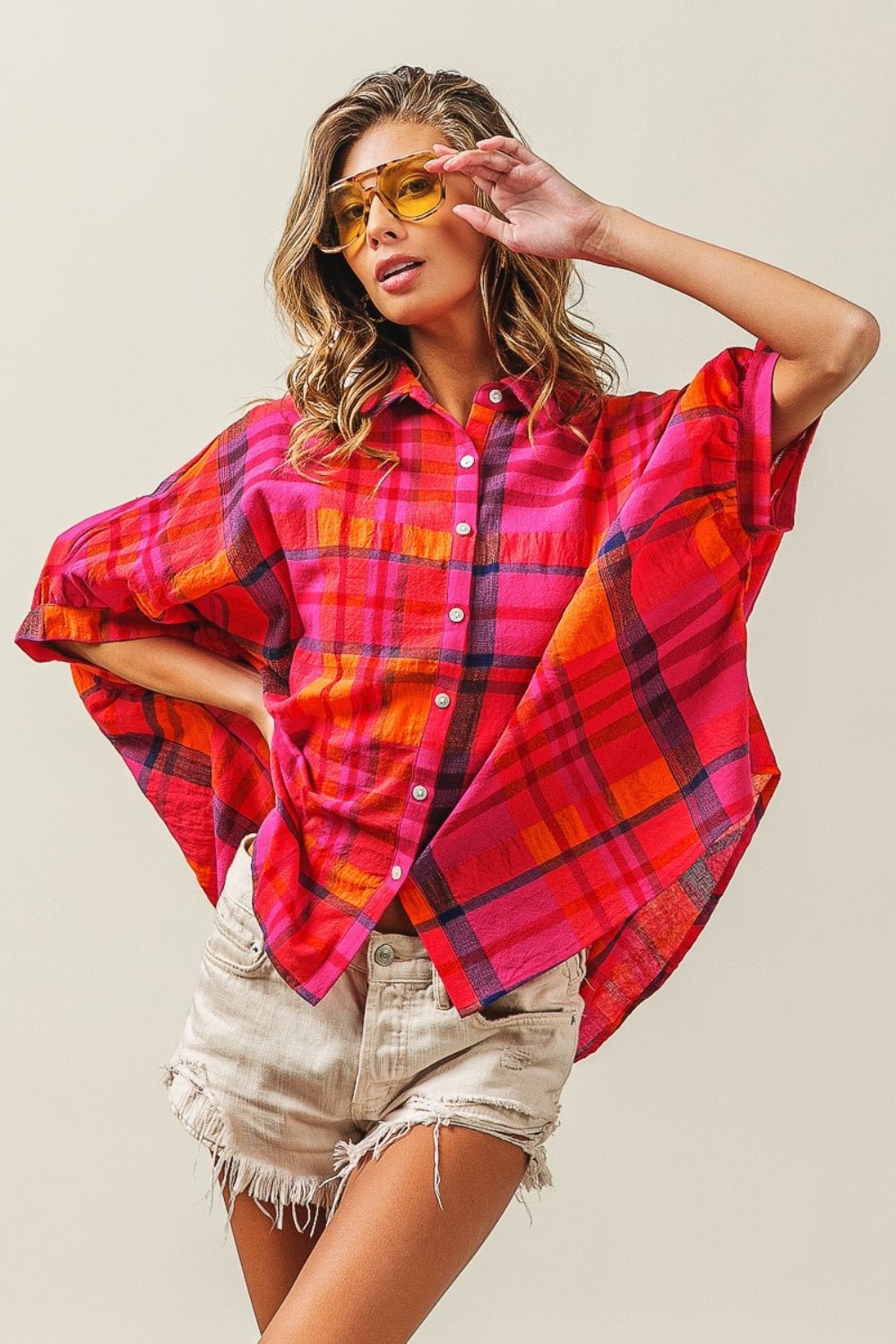 BiBi Button Up Dolman Sleeve Plaid Shirt - Top - Fuchsia Multi - Bella Bourget