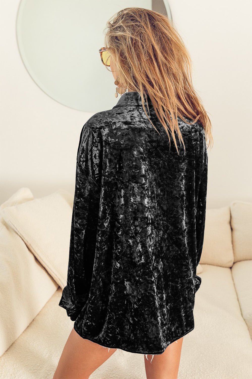 BiBi Button Up Long Sleeve Velvet Shirt - Shirt - Black - Bella Bourget