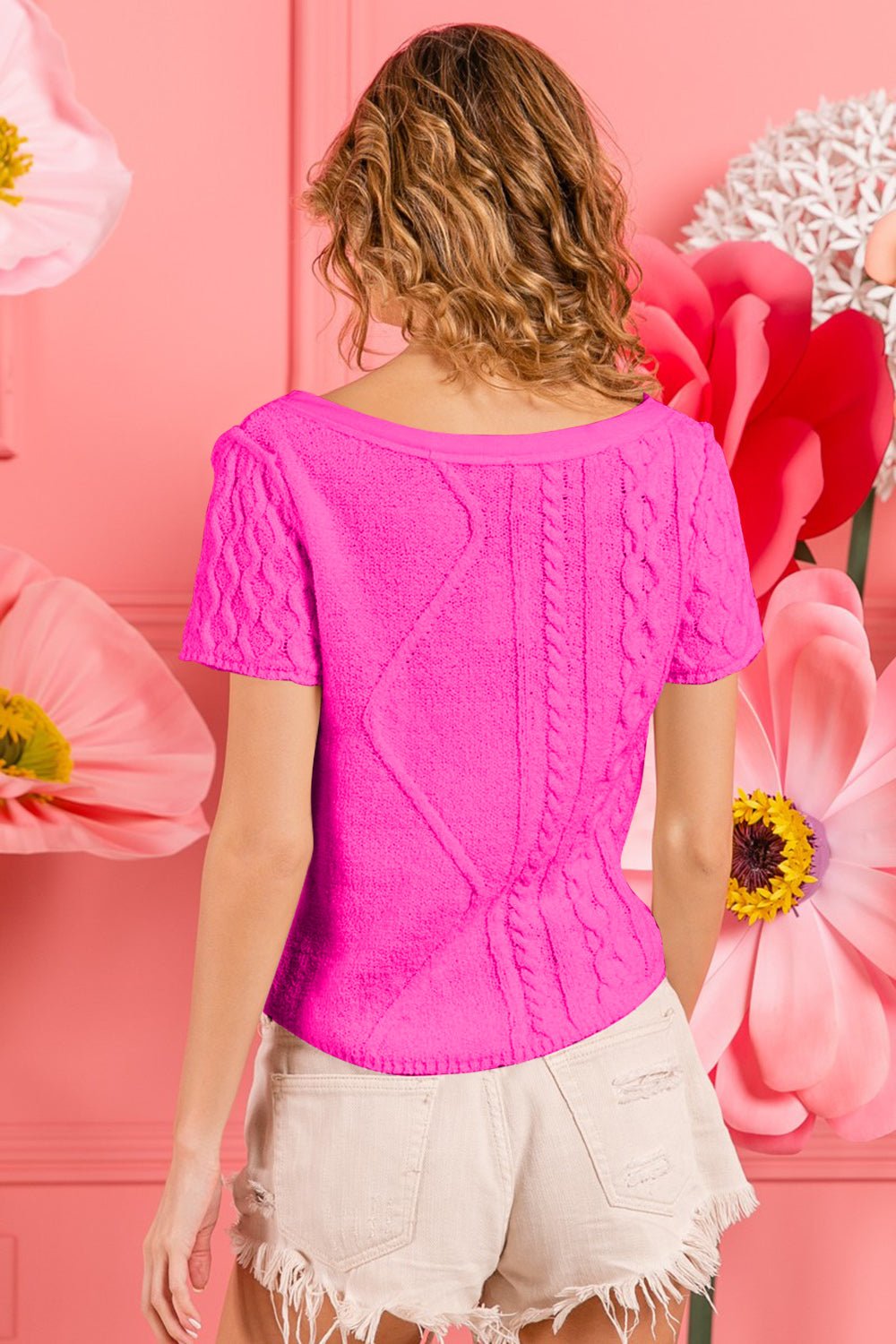 BiBi Cable Knit Short Sleeve Sweater - Sweater - Fuchsia - Bella Bourget