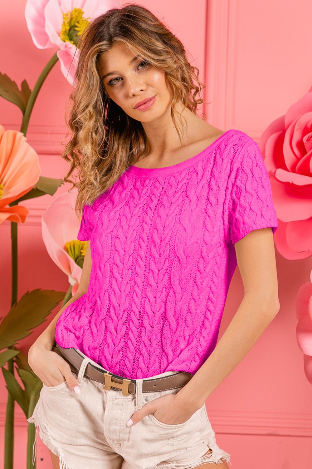 BiBi Cable Knit Short Sleeve Sweater - Sweater - Fuchsia - Bella Bourget