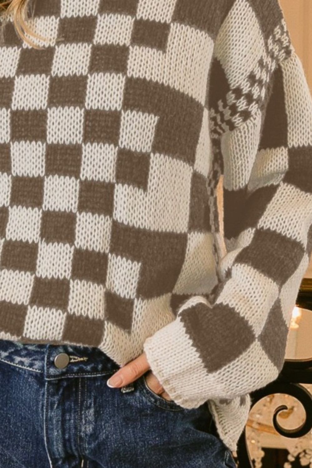 BiBi Checkered Contrast Chunky Sweater - Sweater - Mocha Brown Combo - Bella Bourget