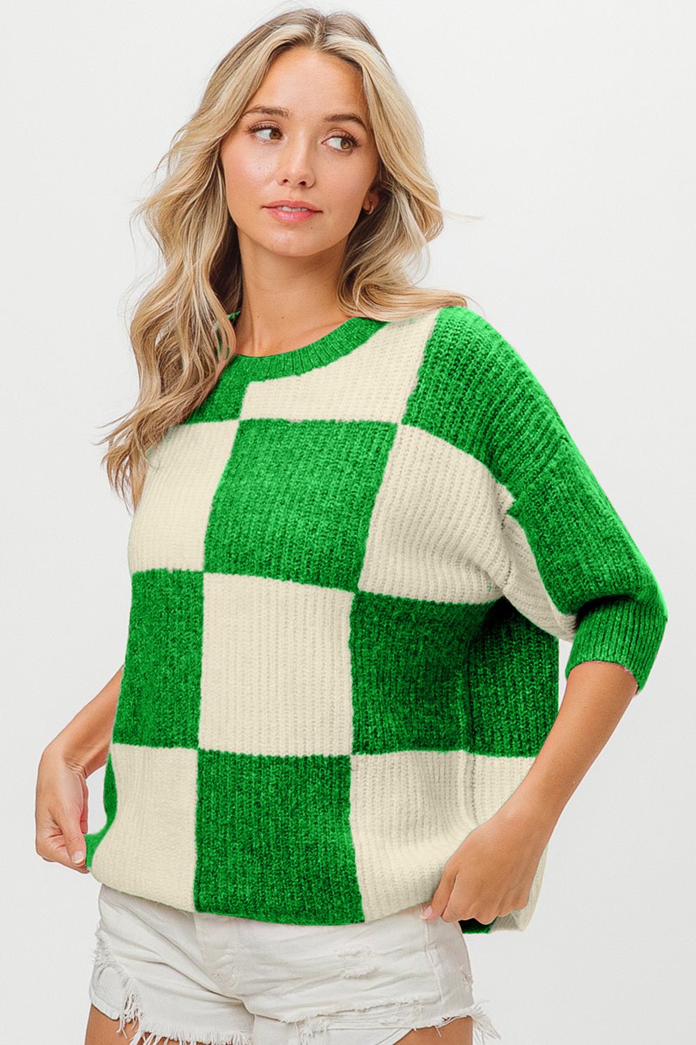 BiBi Checkered Contrast Round Neck Sweater - Sweater - Jade - Bella Bourget