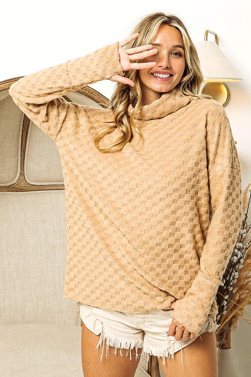 BiBi Checkered Round Neck Thumbhole Long Sleeve Top - blouse - TAUPE - Bella Bourget