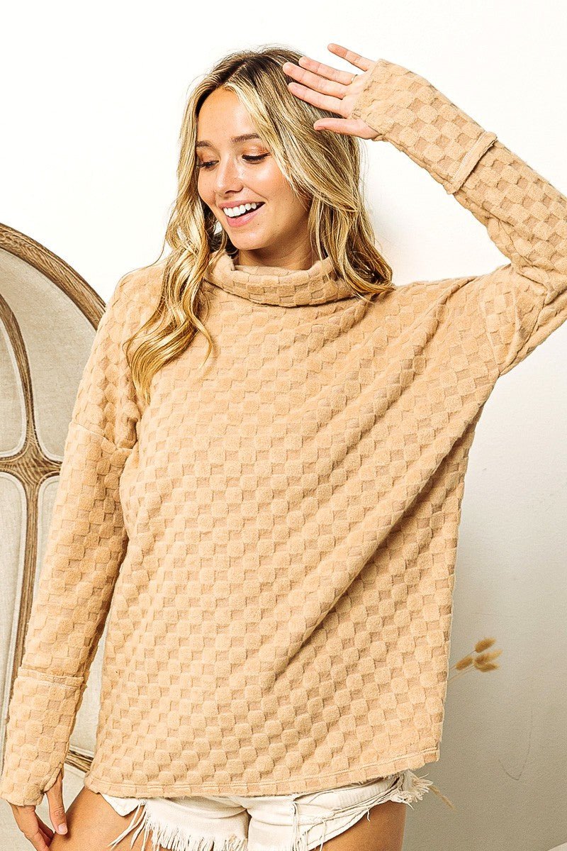 BiBi Checkered Round Neck Thumbhole Long Sleeve Top - blouse - TAUPE - Bella Bourget