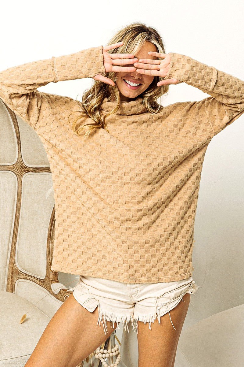 BiBi Checkered Round Neck Thumbhole Long Sleeve Top - blouse - TAUPE - Bella Bourget