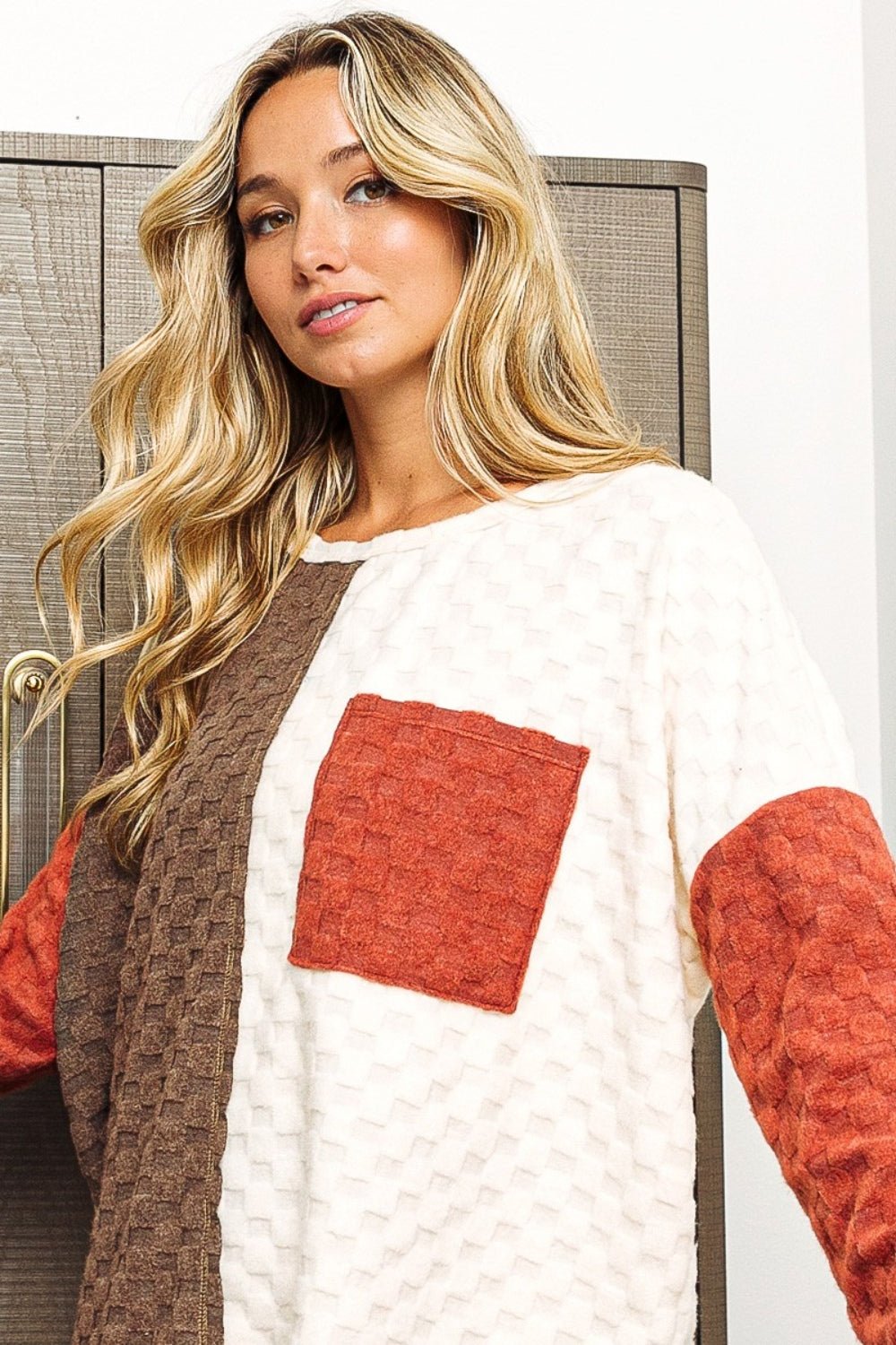 BiBi Color Block Brushed Checker Top - Top - MOCHA/RUST - Bella Bourget