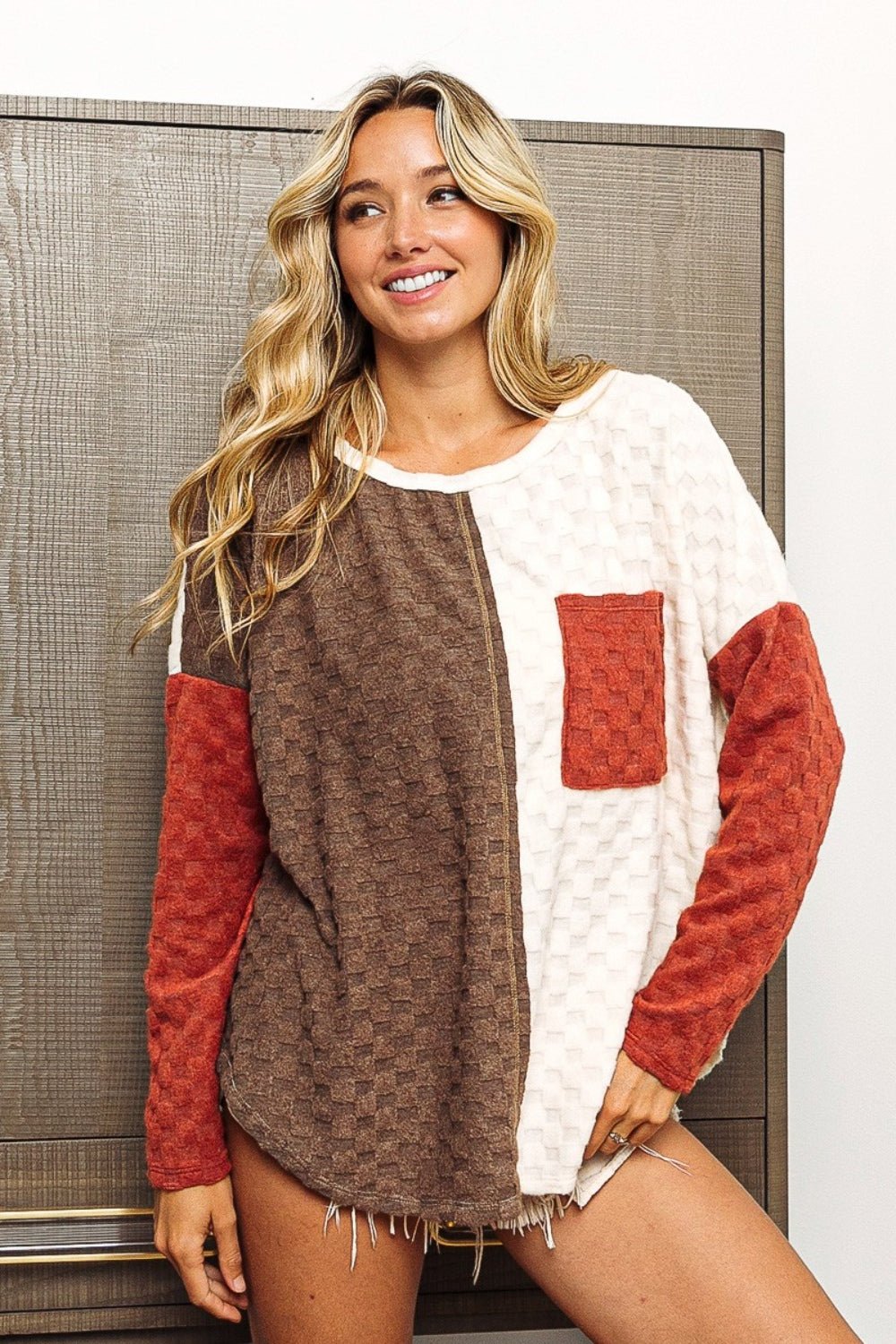 BiBi Color Block Brushed Checker Top - Top - MOCHA/RUST - Bella Bourget