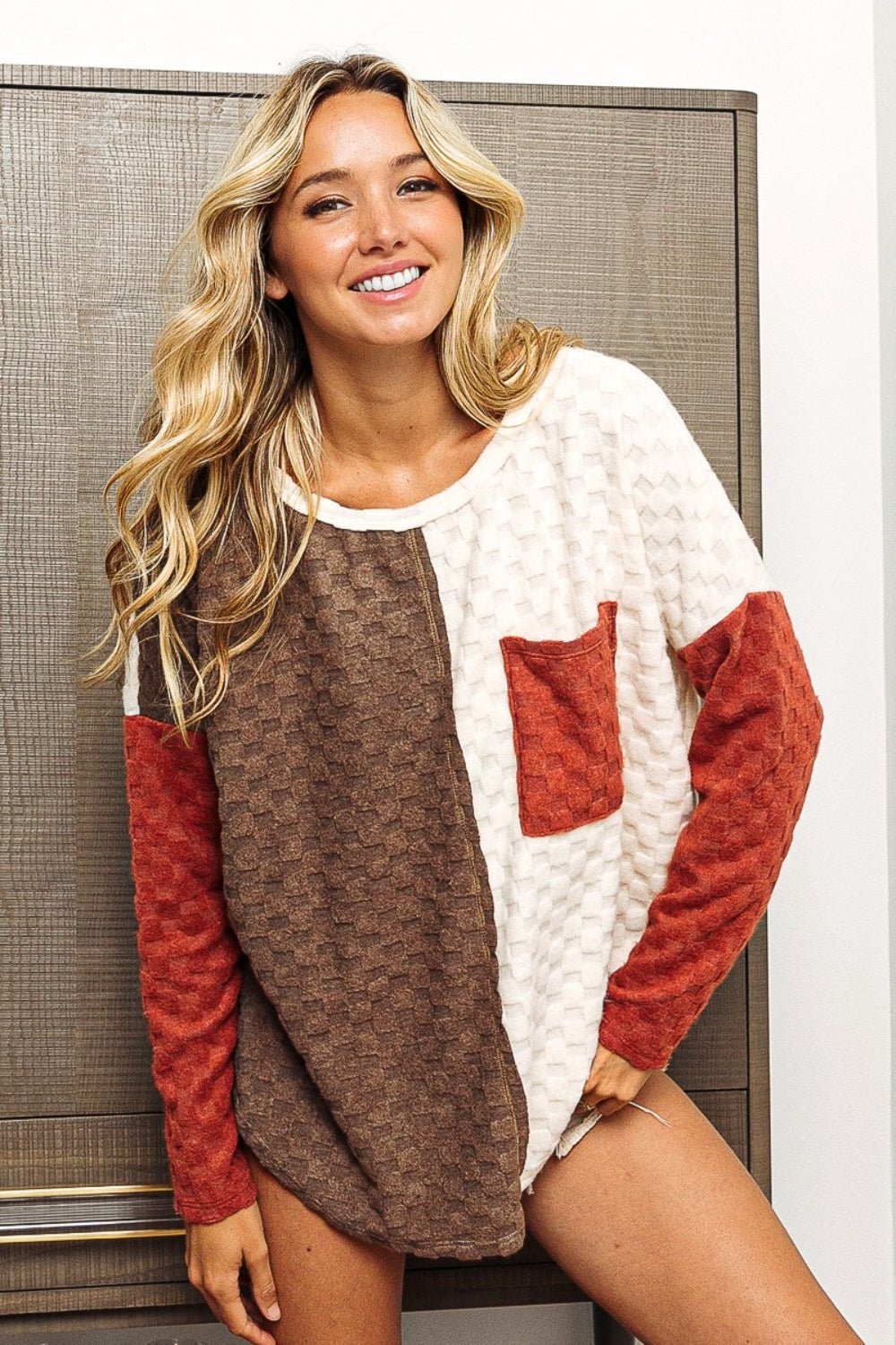 BiBi Color Block Brushed Checker Top - Top - MOCHA/RUST - Bella Bourget