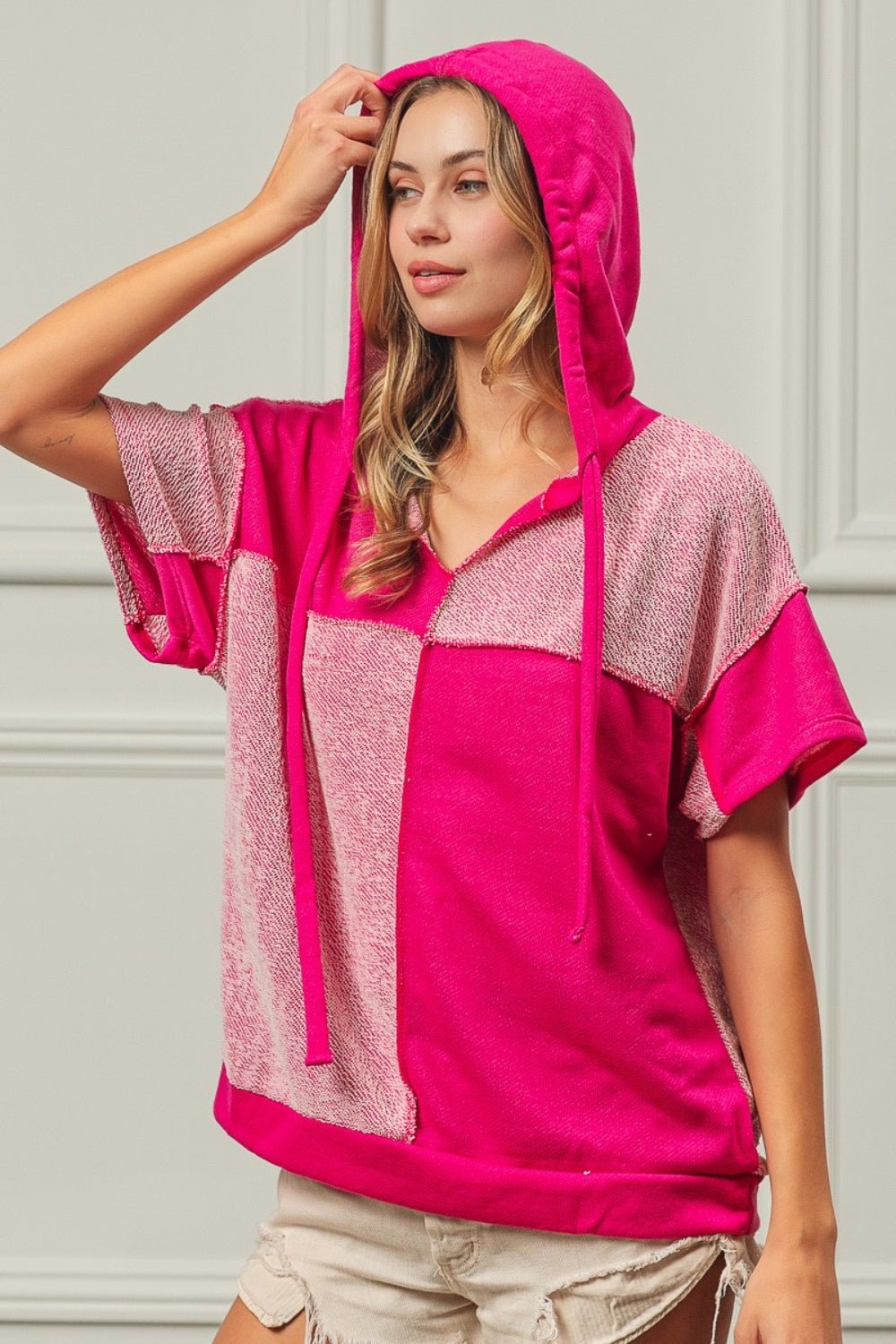 BiBi Color Block Exposed Seam Short Sleeve Hooded Top - Top - FUCHSIA - Bella Bourget