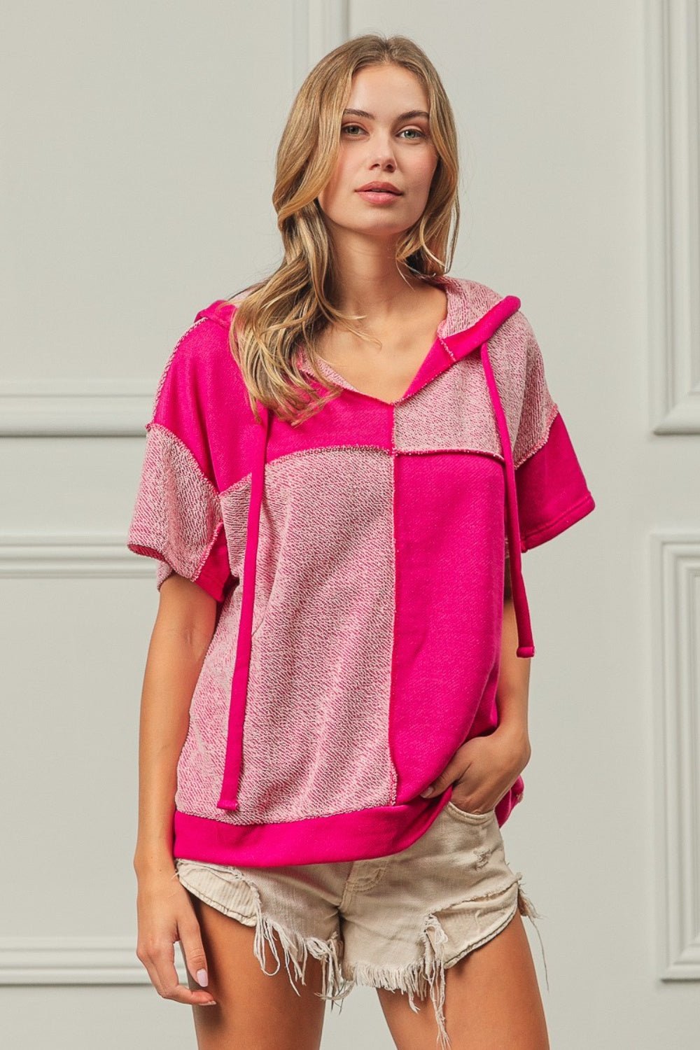 BiBi Color Block Exposed Seam Short Sleeve Hooded Top - Top - FUCHSIA - Bella Bourget