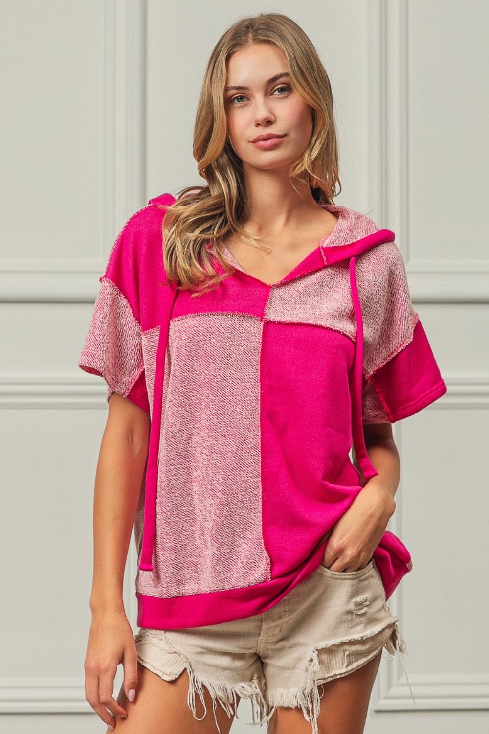 BiBi Color Block Exposed Seam Short Sleeve Hooded Top - Top - FUCHSIA - Bella Bourget