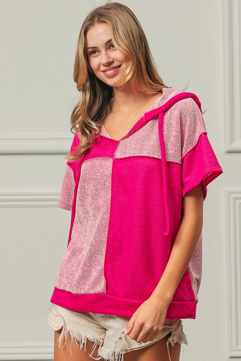 BiBi Color Block Exposed Seam Short Sleeve Hooded Top - Top - FUCHSIA - Bella Bourget