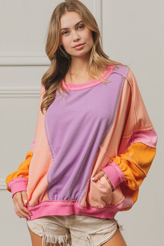 BiBi Color Block Exposed Seam Sweatshirt with Pockets - Sweatshirt - Lavender/Peach/Fuchsia - Bella Bourget