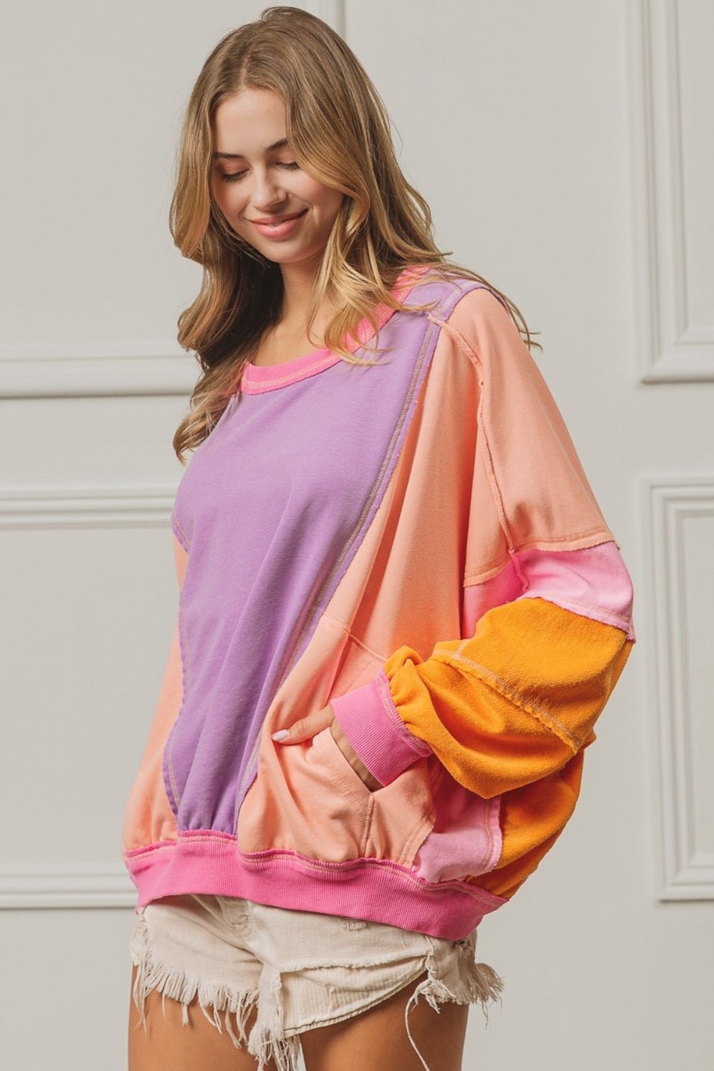 BiBi Color Block Exposed Seam Sweatshirt with Pockets - Sweatshirt - Lavender/Peach/Fuchsia - Bella Bourget