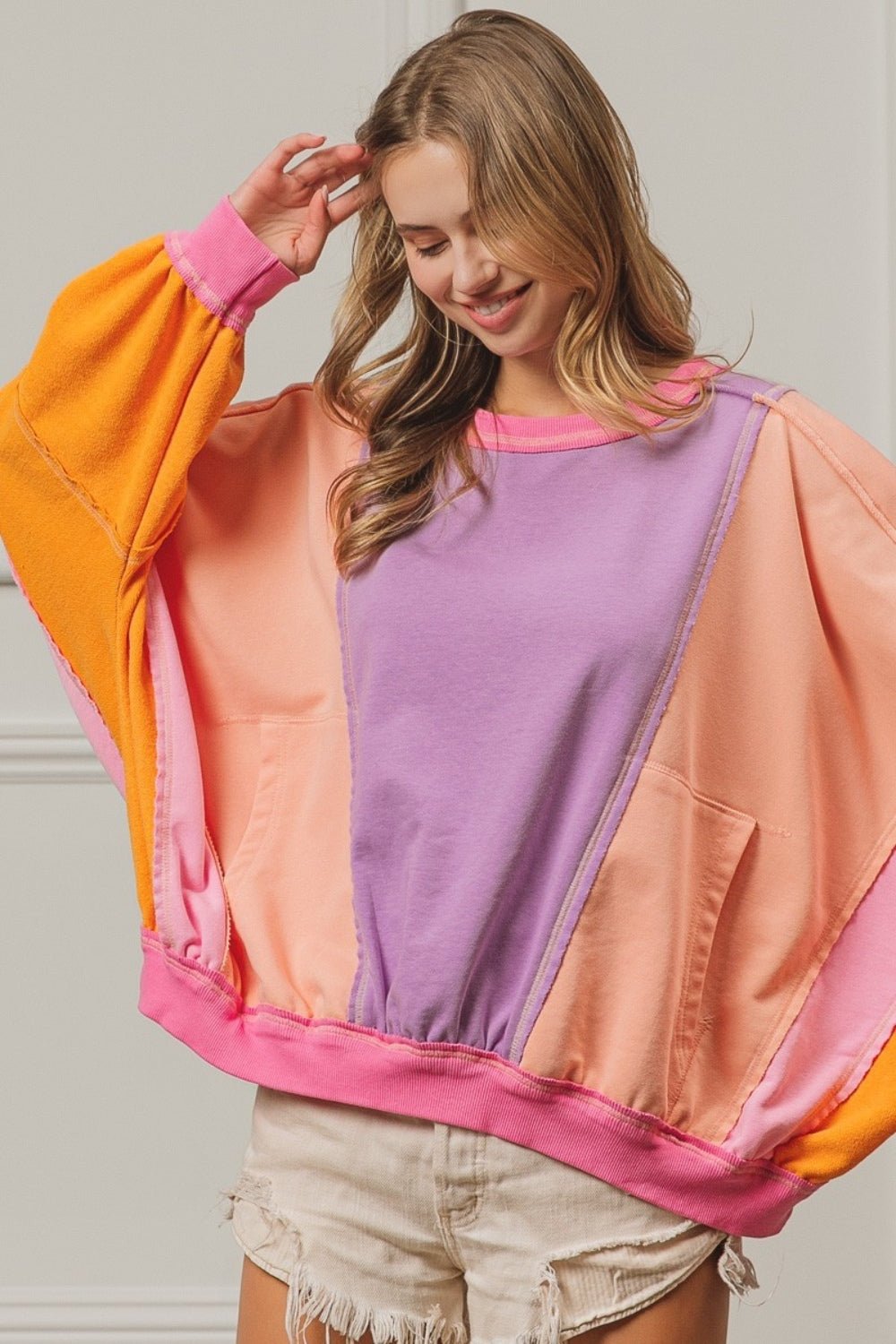 BiBi Color Block Exposed Seam Sweatshirt with Pockets - Sweatshirt - Lavender/Peach/Fuchsia - Bella Bourget