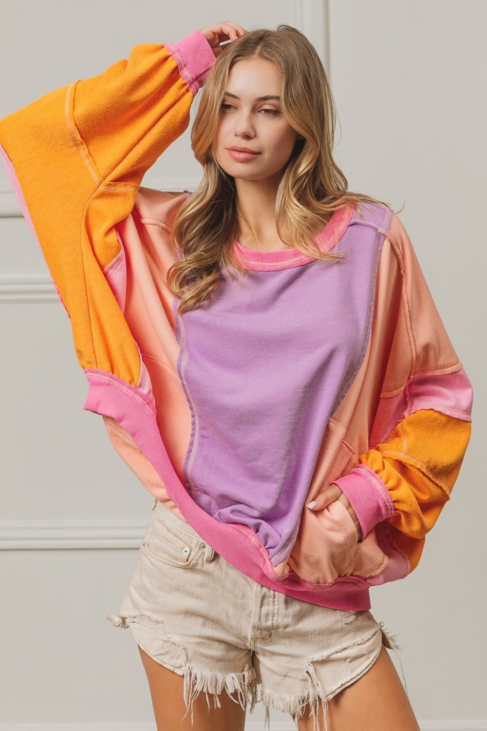 BiBi Color Block Exposed Seam Sweatshirt with Pockets - Sweatshirt - Lavender/Peach/Fuchsia - Bella Bourget