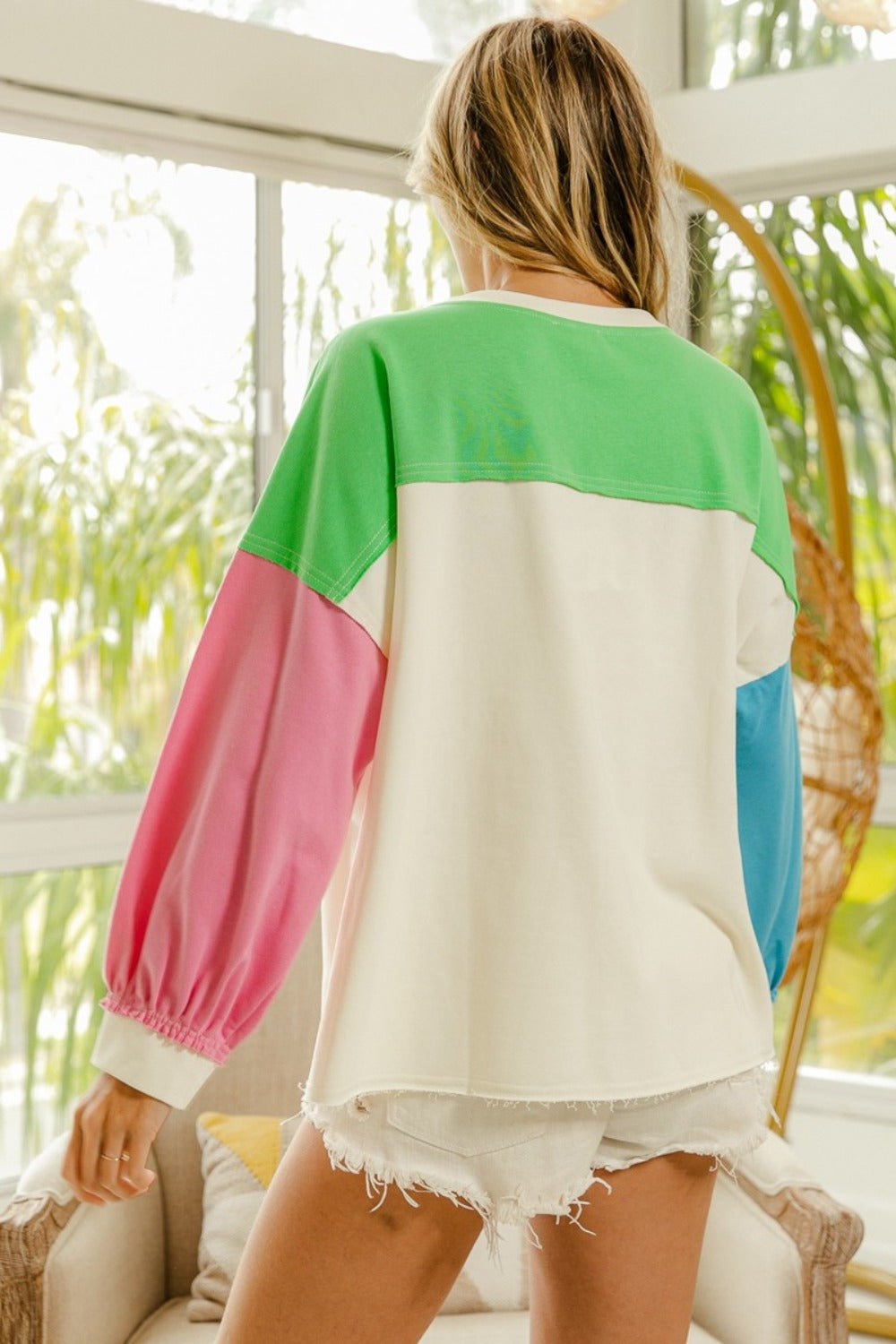 BiBi Color Block Patched Long Sleeve Top - Top - Ivory/Green - Bella Bourget