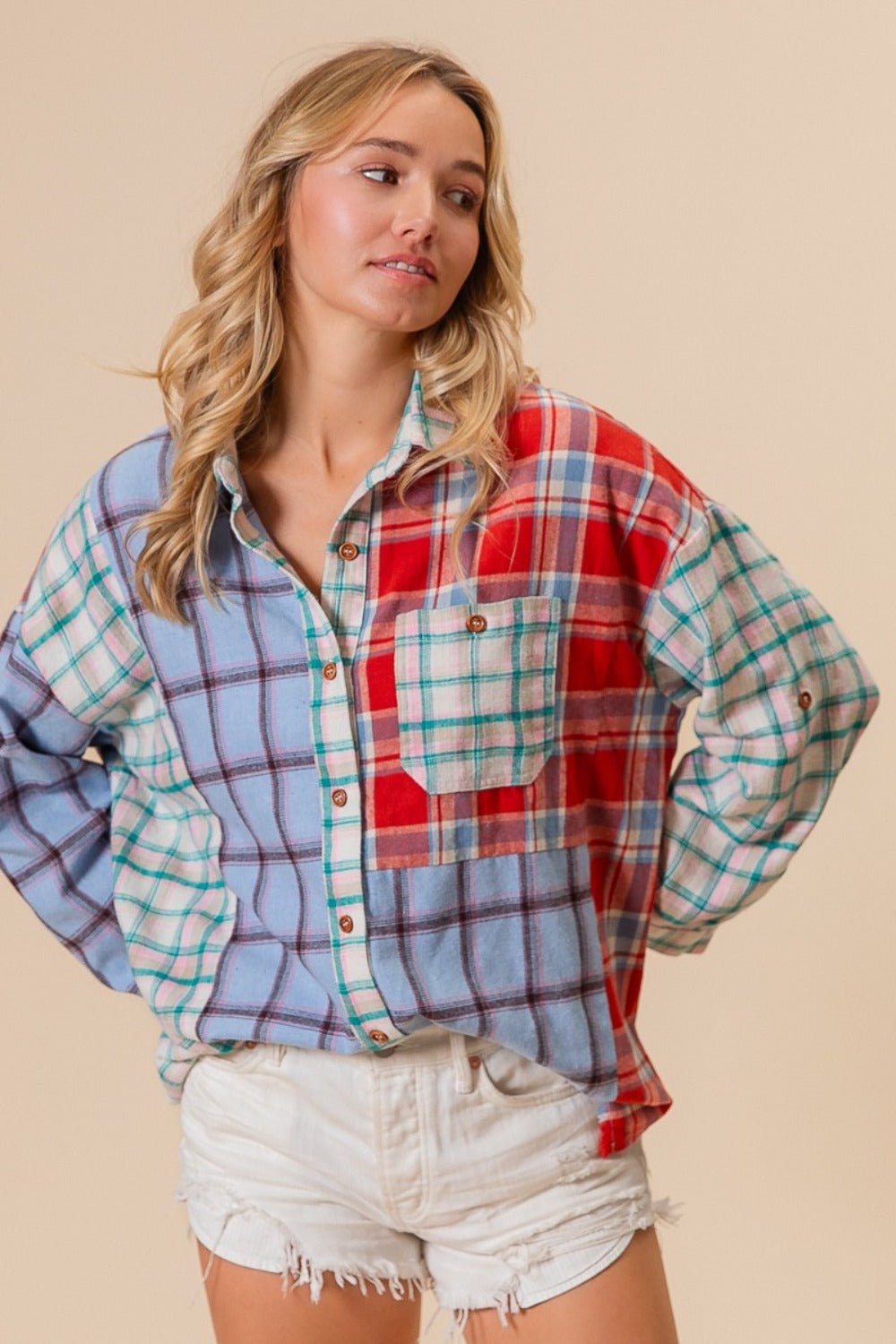 BiBi Color Block Plaid Button Down Shirt - Top - Denim/Red - Bella Bourget