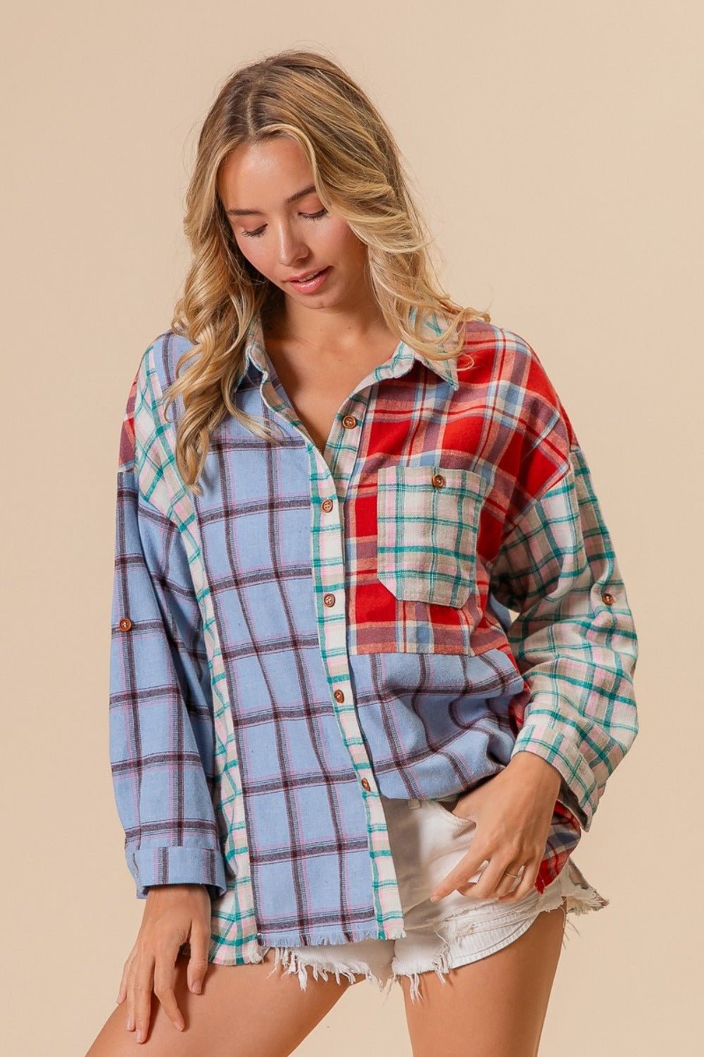 BiBi Color Block Plaid Button Down Shirt - Top - Denim/Red - Bella Bourget