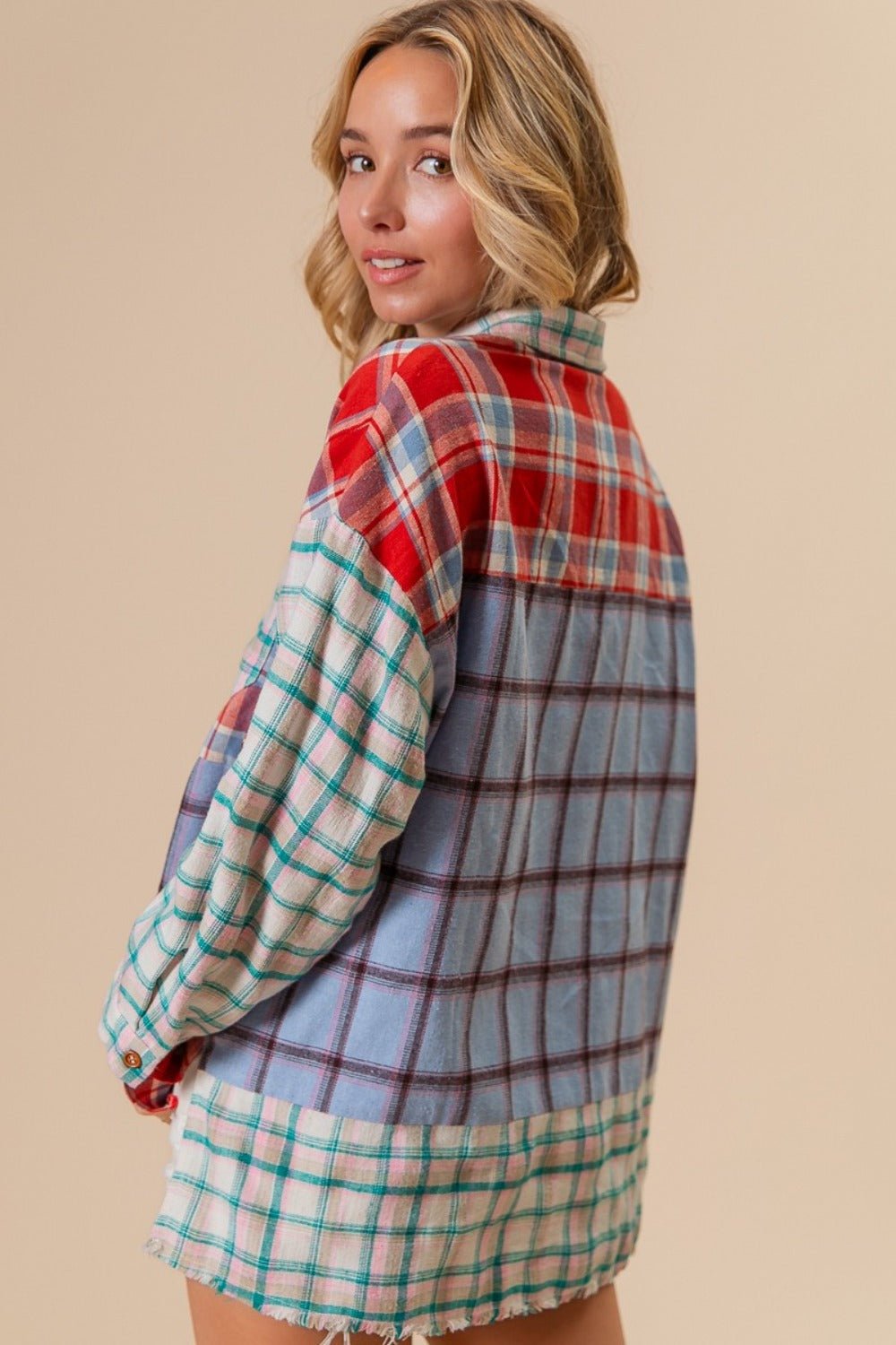 BiBi Color Block Plaid Button Down Shirt - Top - Denim/Red - Bella Bourget