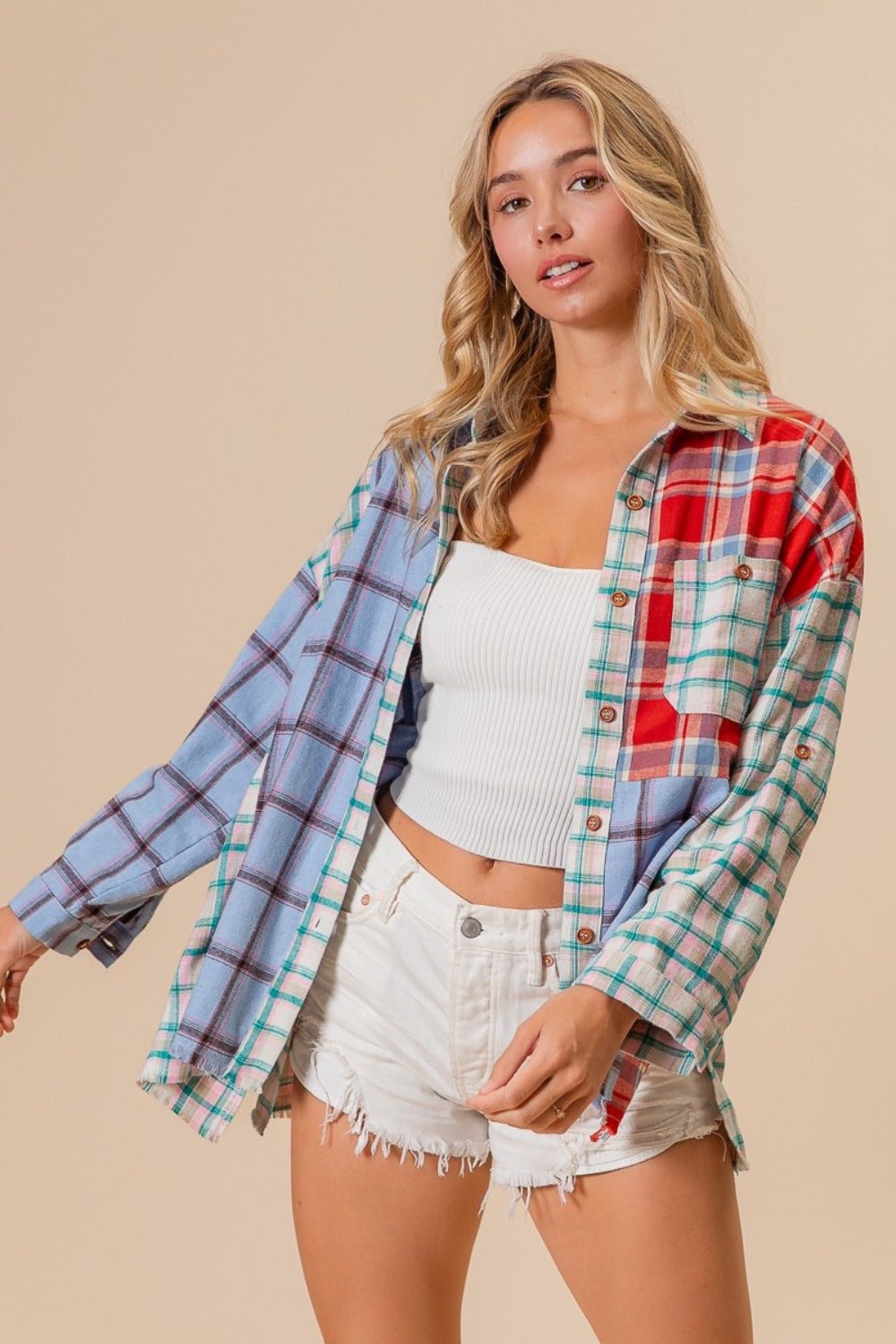 BiBi Color Block Plaid Button Down Shirt - Top - Denim/Red - Bella Bourget