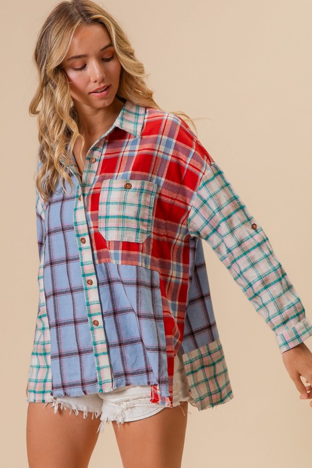 BiBi Color Block Plaid Button Down Shirt - Top - Denim/Red - Bella Bourget