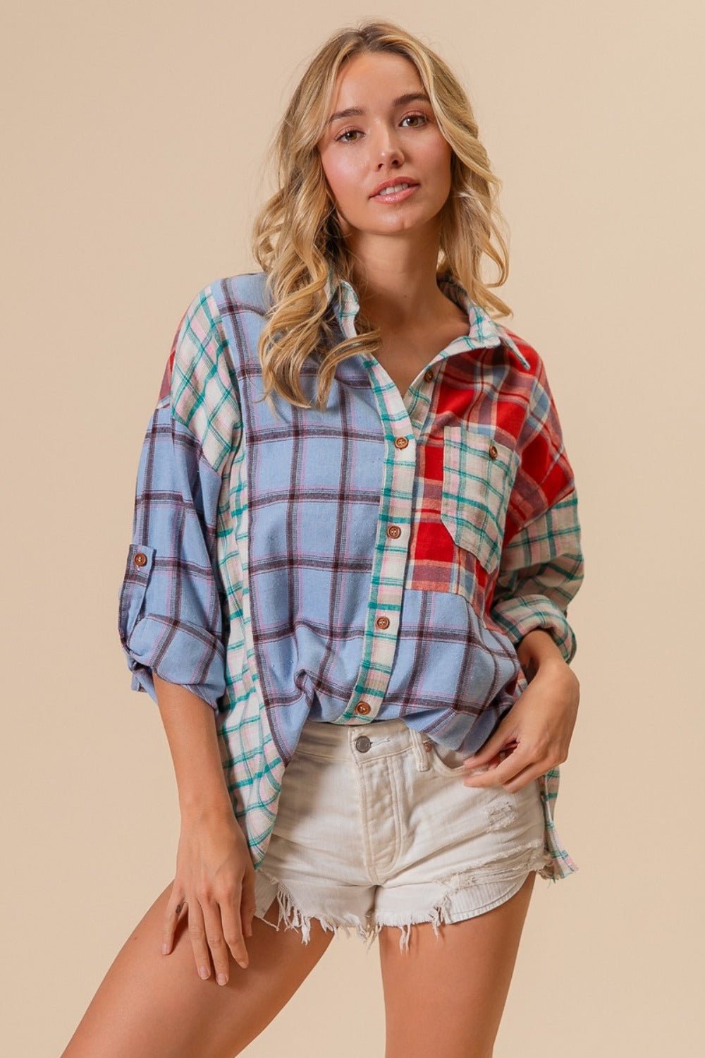 BiBi Color Block Plaid Button Down Shirt - Top - Denim/Red - Bella Bourget