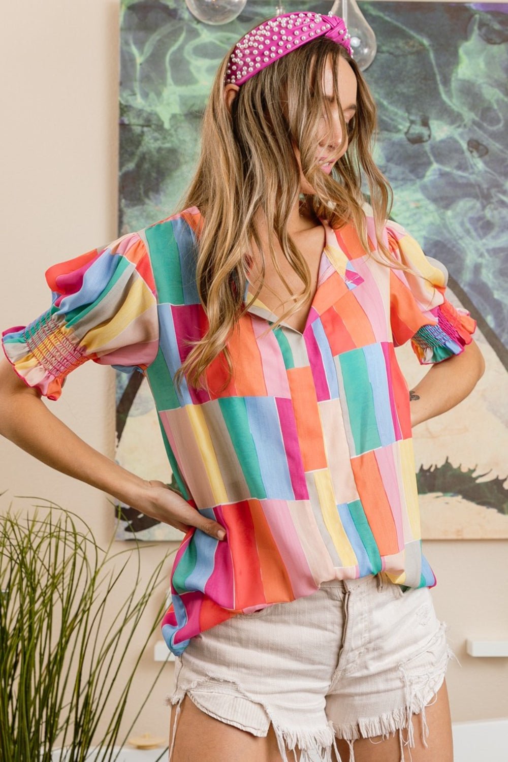 BiBi Color Block Smocked Short Sleeve Blouse - Top - VIVIDMULTI - Bella Bourget