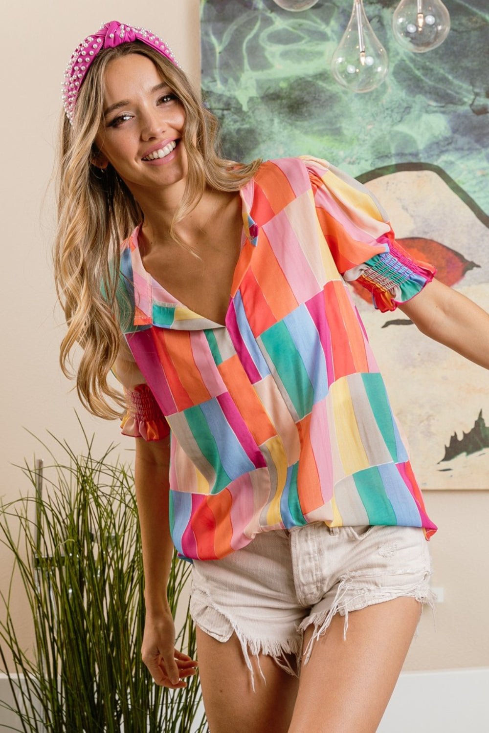 BiBi Color Block Smocked Short Sleeve Blouse - Top - VIVIDMULTI - Bella Bourget