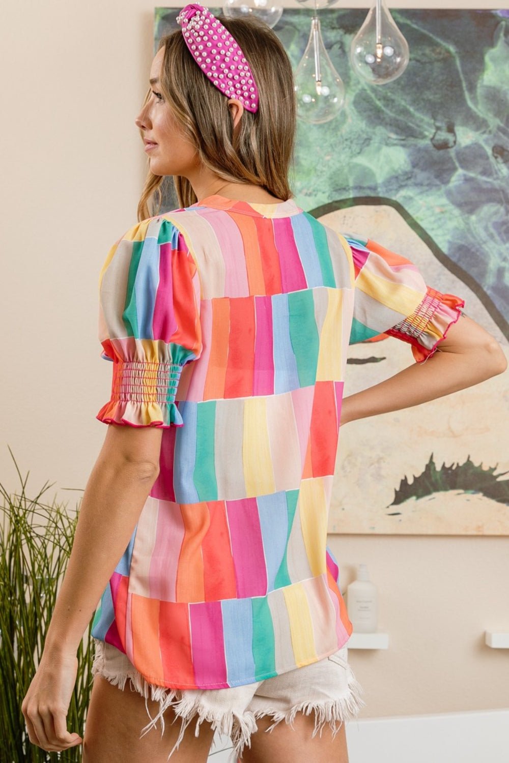 BiBi Color Block Smocked Short Sleeve Blouse - Top - VIVIDMULTI - Bella Bourget