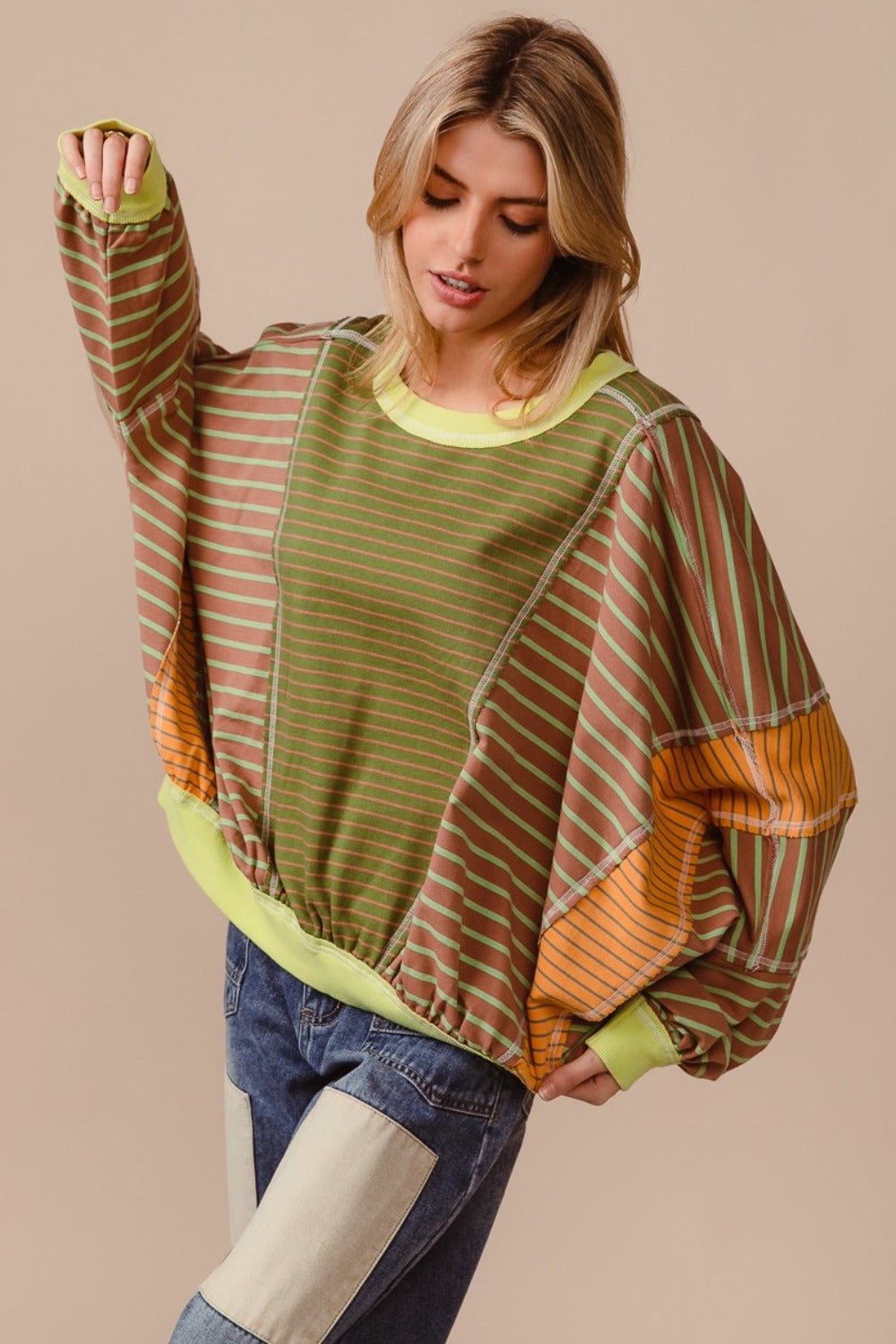 BiBi Color Block Striped Round Neck Sweatshirt - Sweatshirt - Olive/Latte - Bella Bourget