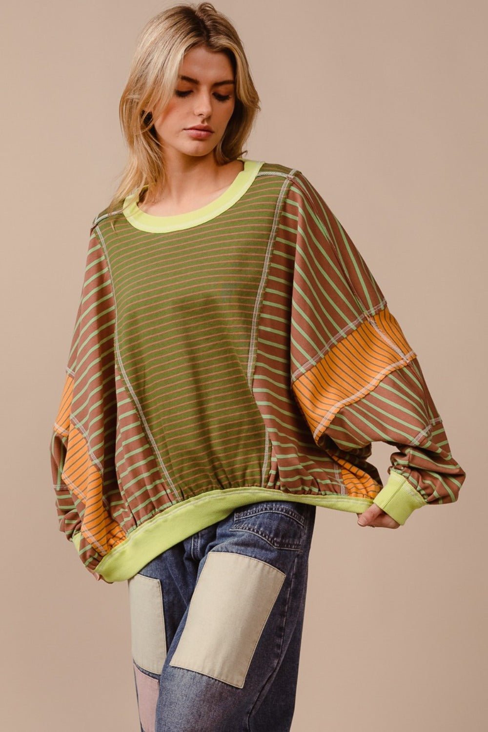 BiBi Color Block Striped Round Neck Sweatshirt - Sweatshirt - Olive/Latte - Bella Bourget